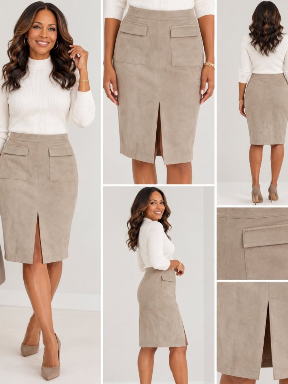 Maeve Anthropologie Faux Suede Taupe Pencil Skirt Quiet Luxury Old Money Slit 4